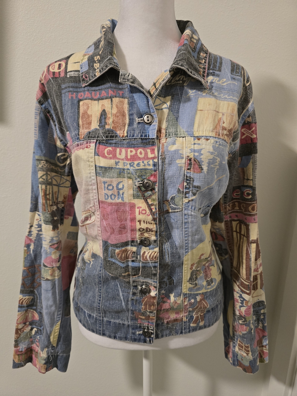 Chico's Design Women's Walking To The Bistro Linen Jacket Cafe Art Size 1 Medium
